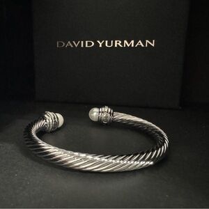 David Yurman Silver Cable Bracelet with Pearl Ends